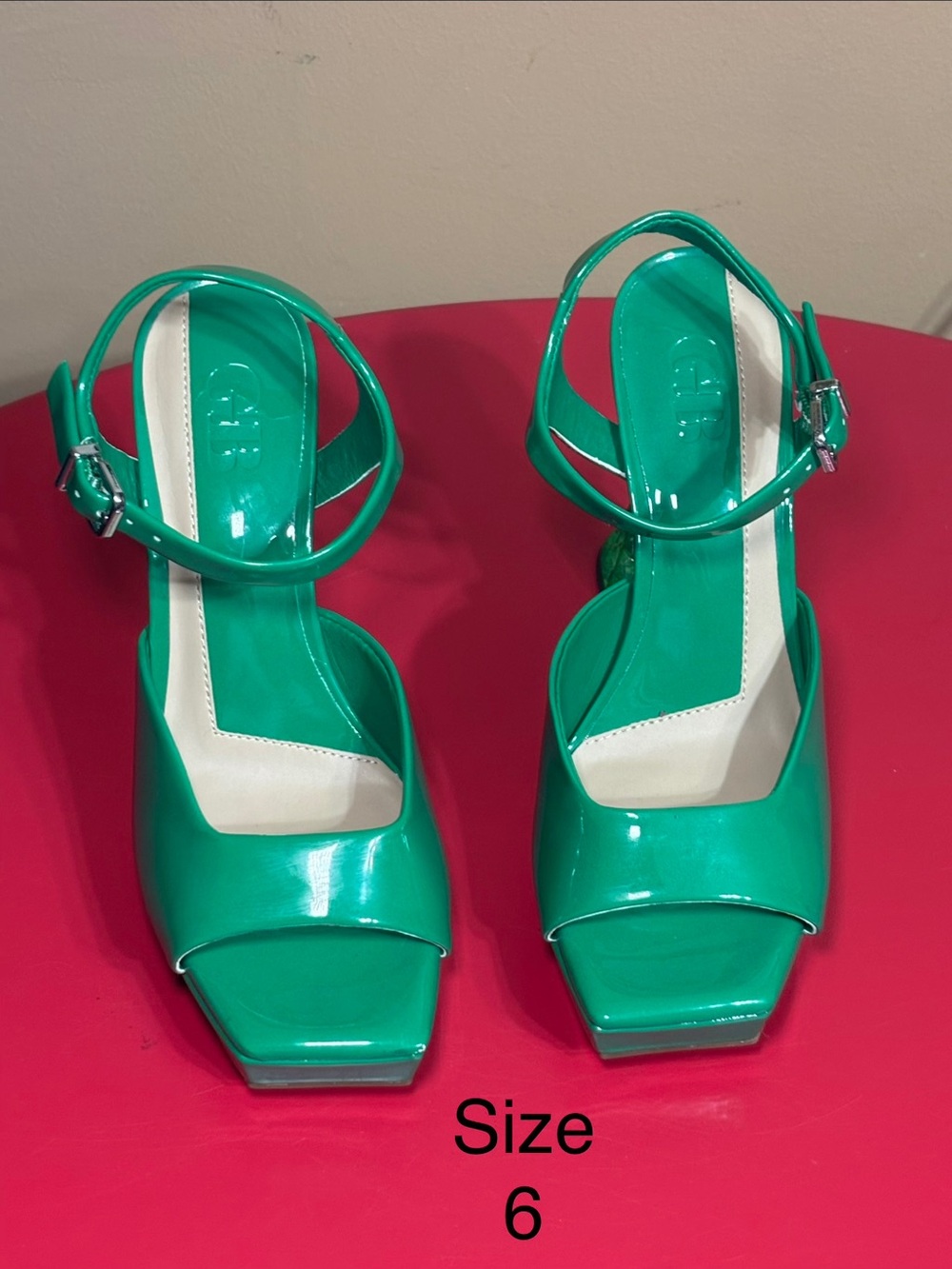 GB Emerald Patent Ankle-Strap Heels with Square Toe.